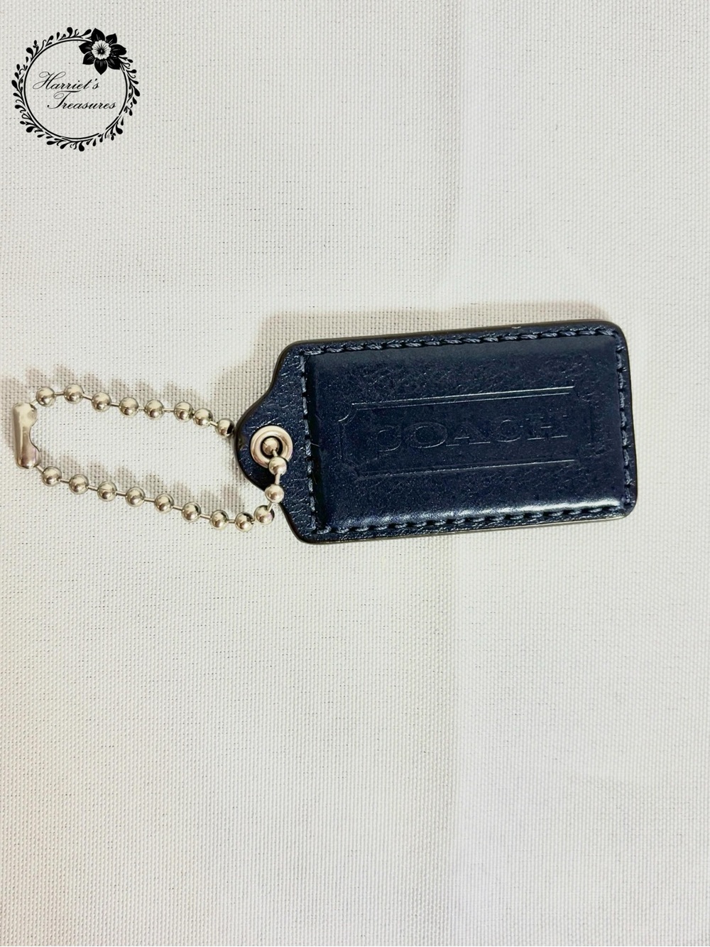 Coach Navy Leather Rectangular Key Tag with Silver Ball Chain